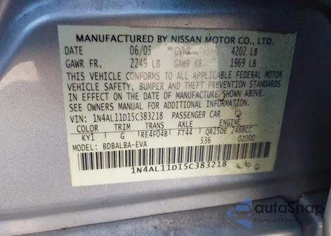 2005 Nissan Altima 2.5 S z USA, uszkodzony, nr VIN 1N4AL11D15C383218